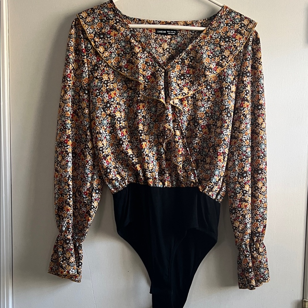 SHEIN Floral Ruffle Bodysuit - Multicolor and Black